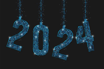 Abstract isolated blue image of new year number 2024. Polygonal low poly wireframe illustration looks like stars in the blask night sky in spase or flying glass shards. Digital web, internet design. - obrazy, fototapety, plakaty