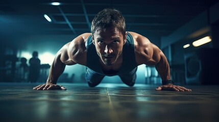 a person performing push-ups in a gym - obrazy, fototapety, plakaty