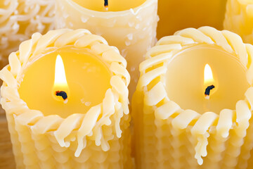 yellow burning openwork candles stand on the table. AI GENERATE - obrazy, fototapety, plakaty