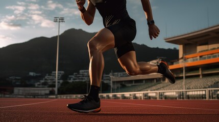 close-up image of a man running on the track. scene focuses on robust muscles of his legs - obrazy, fototapety, plakaty