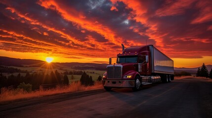 Parked truck in front of bright sunrise, advertisement and transport services
