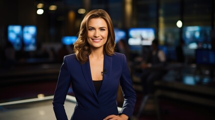 TV news female reporter, delivering news on a channel