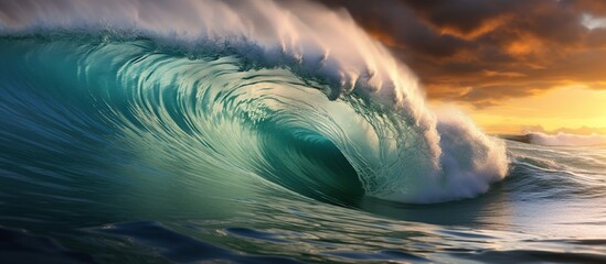Colorful big Ocean Wave with Sunset light and beautiful clouds on background