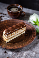 Italian dessert tiramisu close-up. Low key,