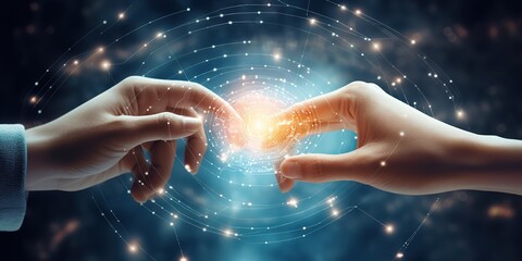 hand holding atomic particles, image of nuclear energy and network connection on meteorite space planet background.