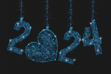 Abstract isolated blue image of new year number 2024. Polygonal low poly wireframe illustration looks like stars in the blask night sky in spase or flying glass shards. Digital web, internet design. © Katsiaryna