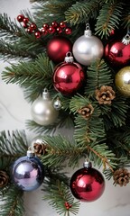Obraz na płótnie Canvas Christmas Tree With Ornaments And Pine Cones