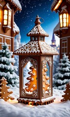 Obraz premium A Christmas Scene With A Lit Lantern And Gingers