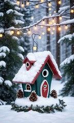 A Birdhouse With A Christmas Tree In The Background