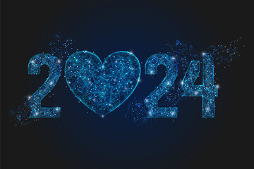 Abstract isolated blue image of new year number 2024. Polygonal low poly wireframe illustration looks like stars in the blask night sky in spase or flying glass shards. Digital web, internet design. © Katsiaryna