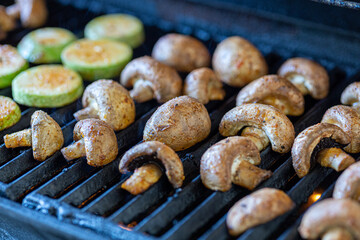 Background of fried vegetables on the grill close-up.Healthy food concept, vegan food.