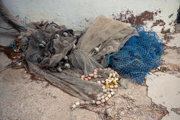 Set of fishing nets of different textures and purposes