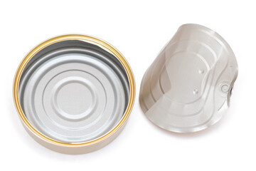 Opened Empty Tin Can With Broken Cover Isolated on White Background. Clean Used Aluminum Can - Isolation. Non-Degradable Inorganic Waste
