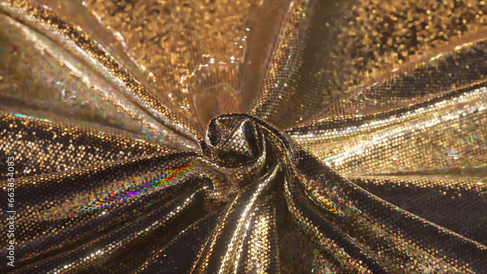 Poster smooth rotation of soft elegant golden sparkling fabric textile. abstract shiny video background. 3d
