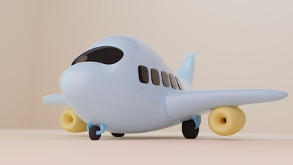 3d illustration of cartoon white airplane against gradient background. Minimal concept. 3d illustration highly usable. Summer design. 3d airplane. Flying.