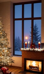 A Christmas Tree In A Living Room With A Lit Fireplace