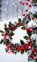 Christmas Holly With Red Berries And Snow