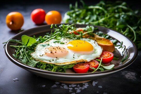 Colorful breakfast with fried eggs on a background, a healthy morning meal. Generative AI