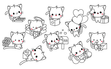 Fototapeta premium Collection of Vector Kawaii Cat Coloring Page in Love. Set of Isolated Cartoon Baby Animal Outline