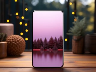 Smartphone mockup on wood desk with pink cinematic lighting and isolated background generative ai