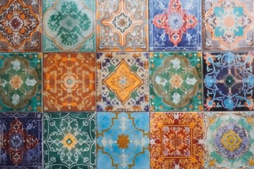 Vibrant tile pattern on ceramic wall. Multicolor and textured wallpaper design. Generative AI