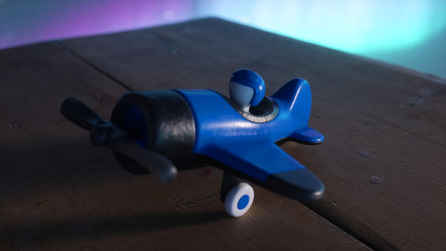 A blue toy airplane for boys with a pilot inside on a wooden table. The cosmic environment. The concept of aviation. 3D illustration