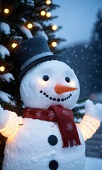 A Snowman With A Hat And Scarf Standing In Front Of A Christmas Tree