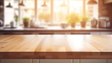 Wooden table in kitchen with sunlight coming through window
