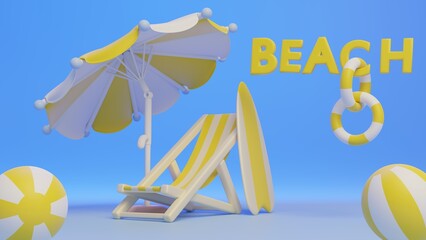 Cute 3d illustration of cartoon beach scene. 3d white and yellow parasol, ball, swim ring, sunbed and surfboard against gradient blue background.Traveling mock up. Summer design.