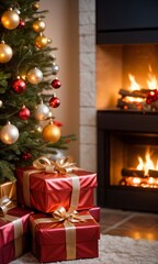 Christmas Tree With Presents And Fireplace In Background