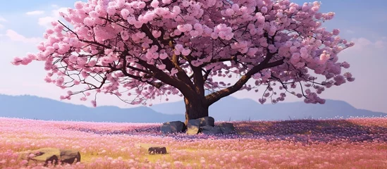 Fotobehang tree of Japanese sakura in spring on meadow, isolated cherry tree on the horizon. Landscapes © Beny