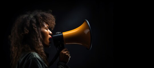Generative AI, Studio shot of African woman using a megaphone against a black background, a powerful statement  - obrazy, fototapety, plakaty