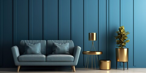 dark blue sofa combined with gold decorative lights. blue background