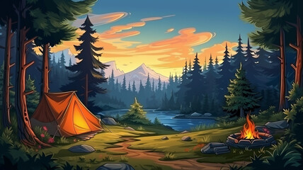 camping tent in forest with bonfire