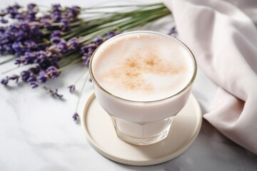 Homemade cappuccino raf coffee with lavender in glass cup on white table in sunny morning. Close up. - obrazy, fototapety, plakaty