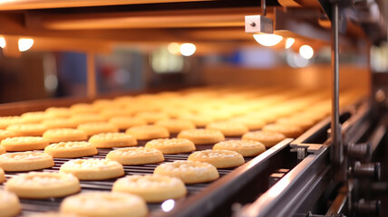 Production line of baking cookies. Biscuits on conveyor belt in confectionery factory. Production line at the bakery.  