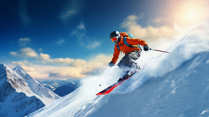 Naklejka na ściany i meble man in ski suit with helmet on ski slope