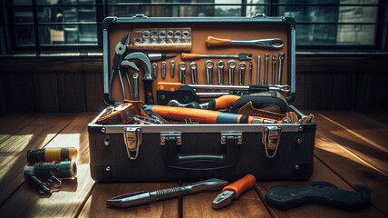 Suitcase with tools on the table