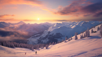 Beautiful winter landscape. Sunrise in the mountains. Ski resort. Winter holiday and travel concept.