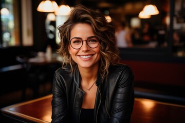 A stylish and confident businesswoman, in her professional portrait, looks forward with a warm and inviting smile - obrazy, fototapety, plakaty