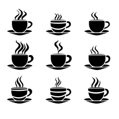 coffee, cup, tea, mug, vector, drink, icon, cafe, set, illustration, espresso, hot, silhouette, cappuccino, beverage, symbol, design, saucer, mocha, food, caffeine, steam, breakfast, kitchen, sign,kit