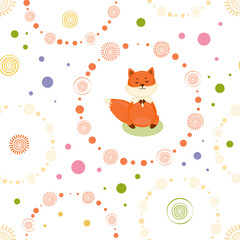 Seamless pattern with circles and fox making yoga. Nature and healthy life style design.