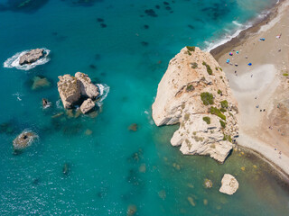 Panoramic view of Petra tou Romiou (Aphrodite's Rock) with clear blue sky in Paphos, Cyprus. - 663857616