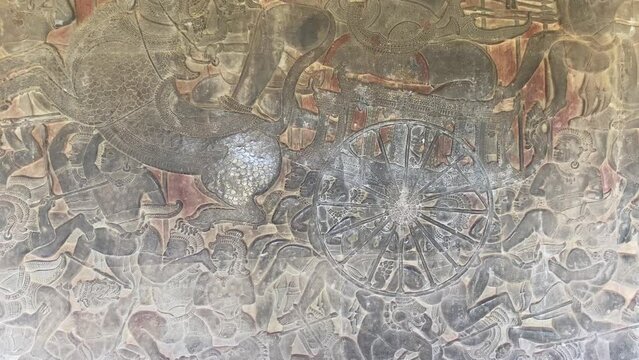 The famous bas-relief on the inside wall of the first floor of the Angkor Wat temple in Siem Reap, Cambodia