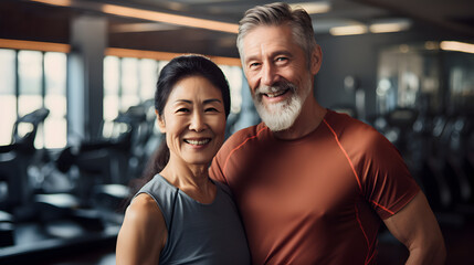 Happy senior korean, asian couple standing together in a gym after exercising - obrazy, fototapety, plakaty