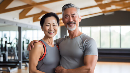 Fototapeta na wymiar Happy senior thai, asian couple standing together in a gym after exercising
