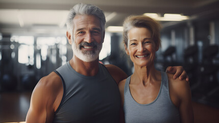 Fototapeta na wymiar Happy senior white couple standing together in a gym after exercising