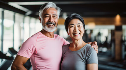 Happy senior japanese, asian couple standing together in a gym after exercising