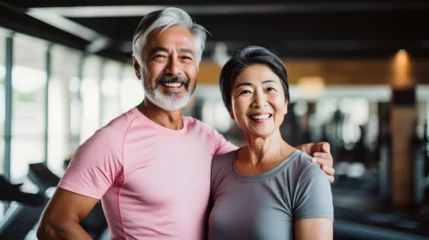 Crédence de cuisine en verre imprimé Fitness Happy senior japanese, asian couple standing together in a gym after exercising