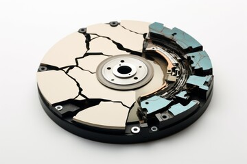 Broken disk with information on white. Inside open computer with security file. Generate Ai